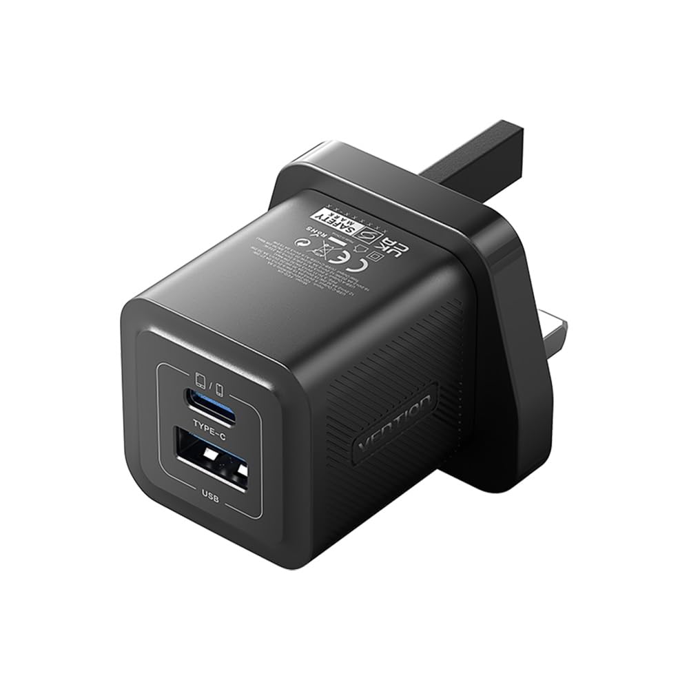 VENTION GaN III Fast Wall Charger 2-Port USB (C + A) Compact Charger (30W/30W) UK Power Plug Safe charging with 6 Protections, Black