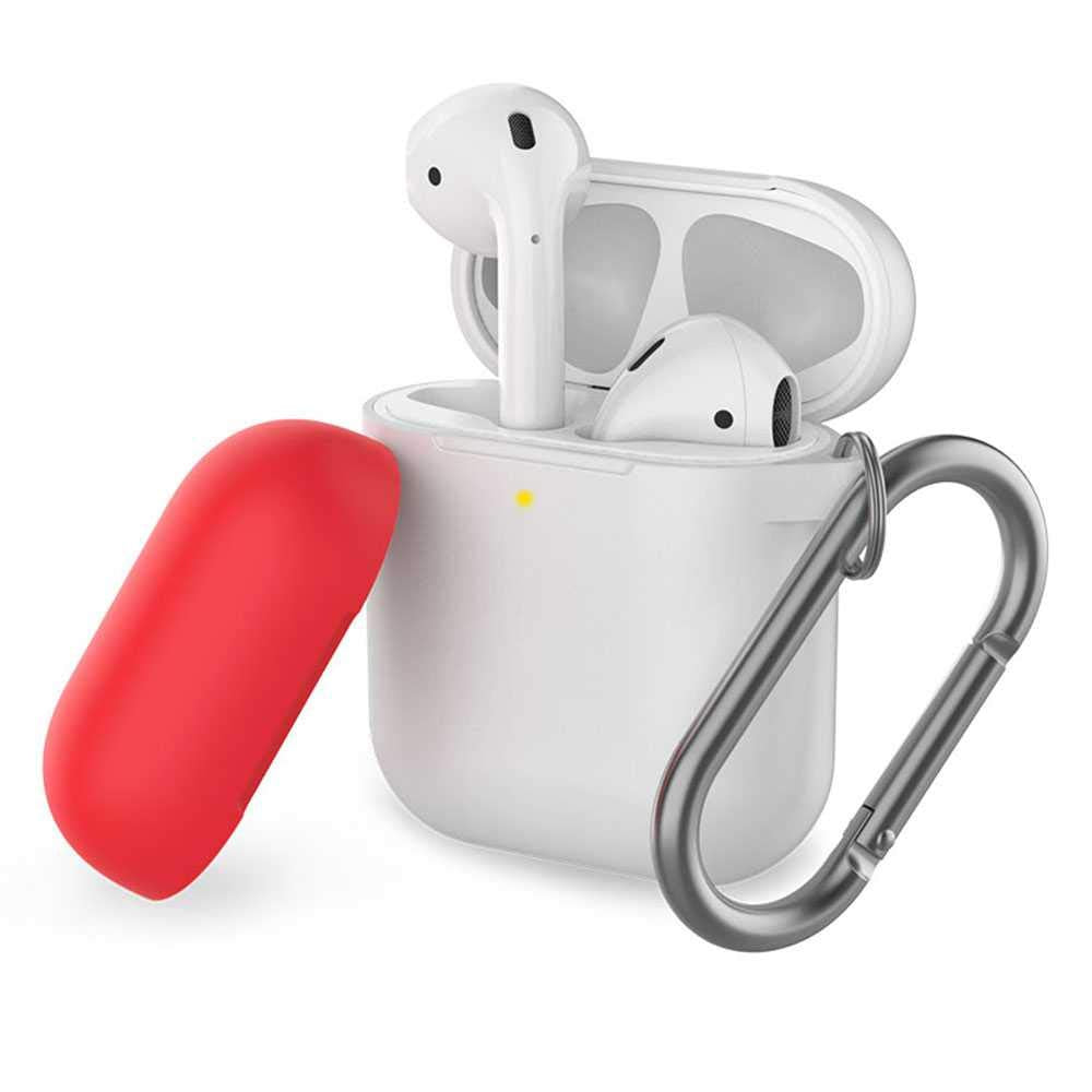 حافظة سيليكون ثنائية اللون من AhaStyle Keychain Series لسماعات Airpods، باللونين الأبيض والأحمر (عبوة من قطعة واحدة)