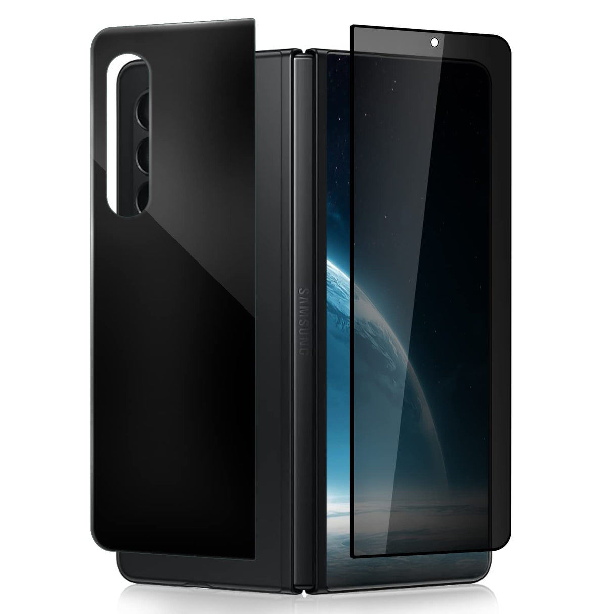 wolsiamc (مجموعة واحدة من قطعتين) مصممة لهاتف Samsung Galaxy Z Fold 3 5G واقي شاشة مضاد للتوهج وخاصية الخصوصية، قطعة واحدة أمامية + قطعة واحدة خلفية مغطاة بالكامل من الزجاج المقوى (أسود)