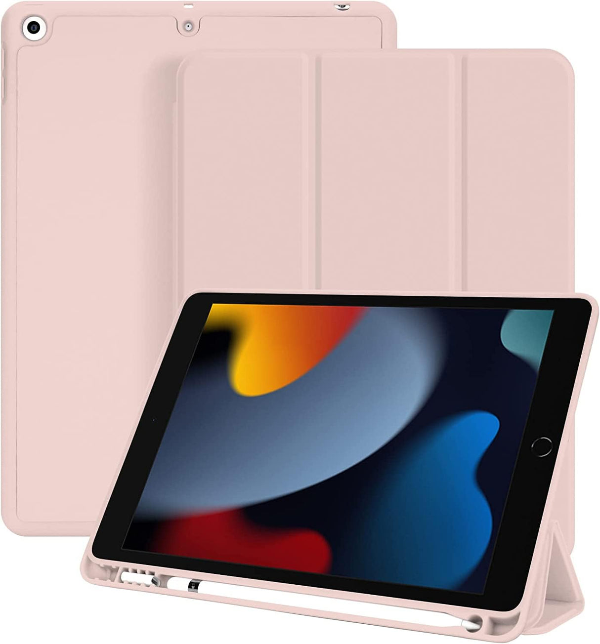 حافظة AWH لجهاز iPad 10.2 - حافظة لجهاز iPad من الجيل التاسع/الثامن/السابع - غطاء إيقاظ وسكون تلقائي - غطاء واقٍ مع حامل قلم رصاص، مزود بظهر نحيف ناعم من مادة TPU مع حامل ثلاثي الطي ذكي - وردي