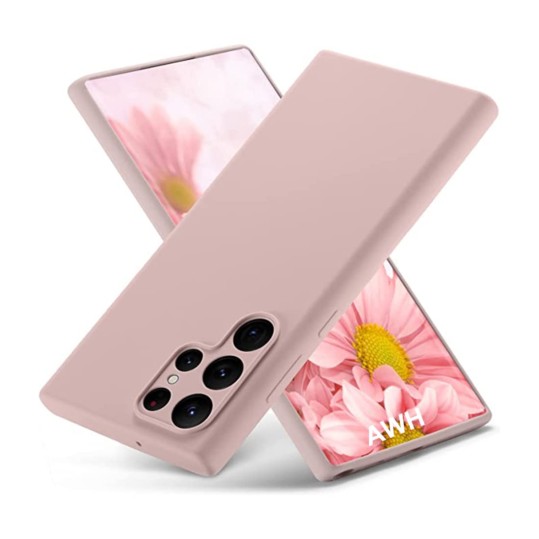 جراب AWH لهاتف Galaxy S22 Ultra مصنوع من السيليكون السائل، جراب S22 Ultra الملمس السميك من مطاط السيليكون مع بطانة ناعمة من الألياف الدقيقة، جراب هاتف رفيع لحماية كاملة للكاميرا لهاتف Samsung S22 Ultra (وردي رملي)