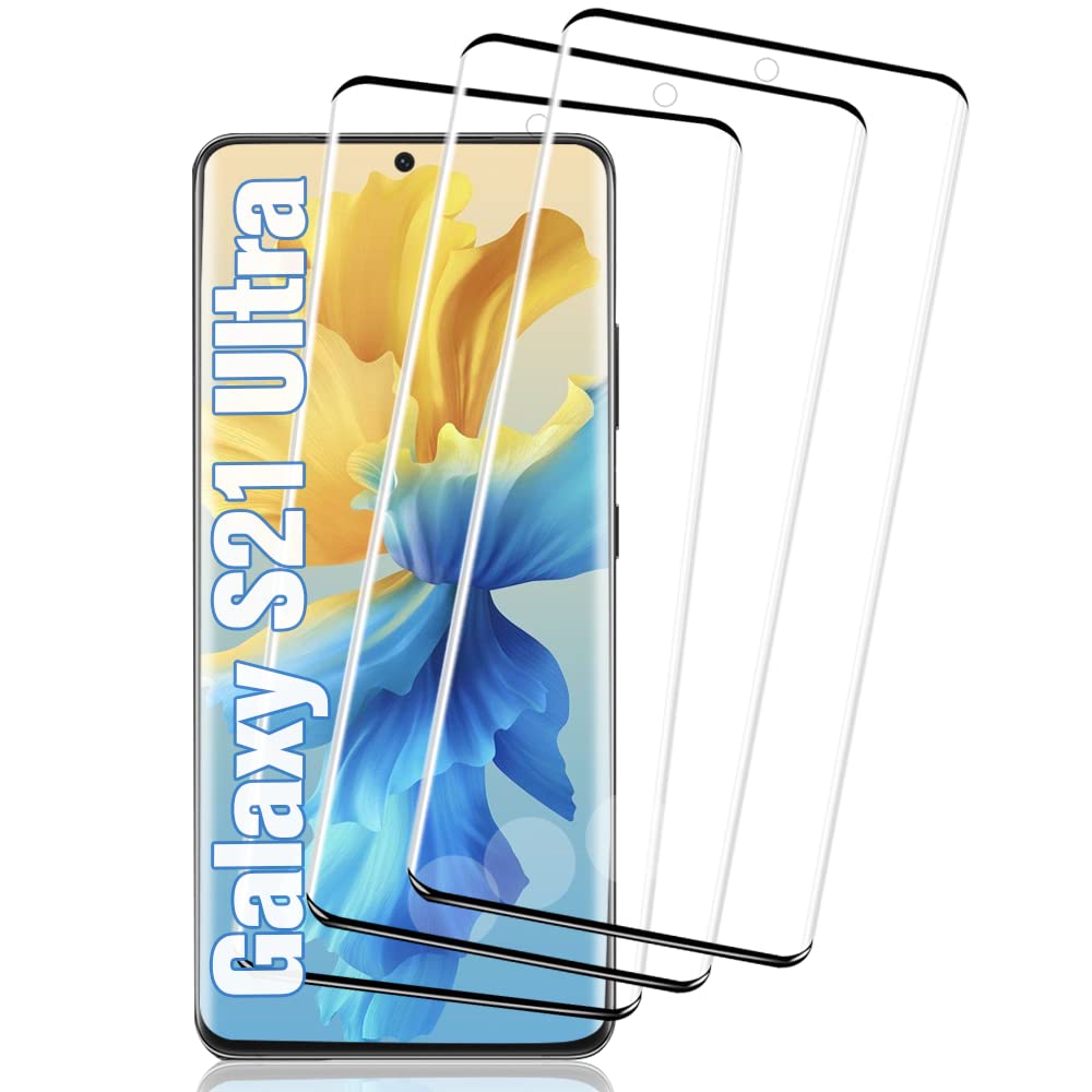 واقي شاشة جلاكسي S21 ألترا، 3 قطع، زجاج مقسّى عالي الوضوح، يدعم فتح بصمة الإصبع، صلابة 9H، منحني ثلاثي الأبعاد، مقاوم للخدش، بدون فقاعات، لهاتف جلاكسي S21 ألترا (6.8 بوصة) واقي شاشة زجاجي 5G