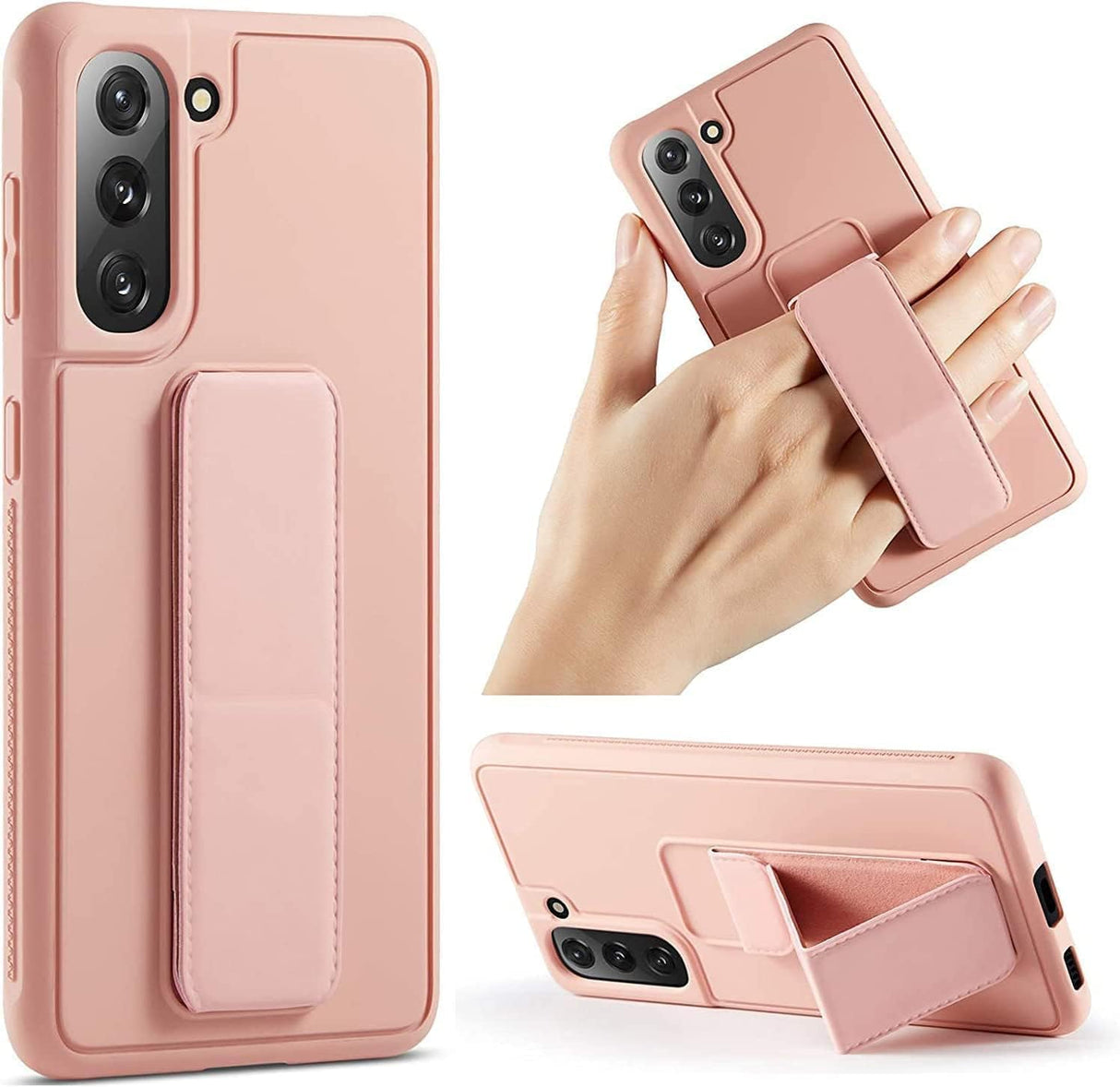 جراب علوي لهاتف Samsung Galaxy S21 FE مع حامل مغناطيسي وحامل، حزام يد رأسي وأفقي من السيليكون الفاخر مع حامل متعدد، جراب حامل للسيارة مع حزام للإصبع (وردي)