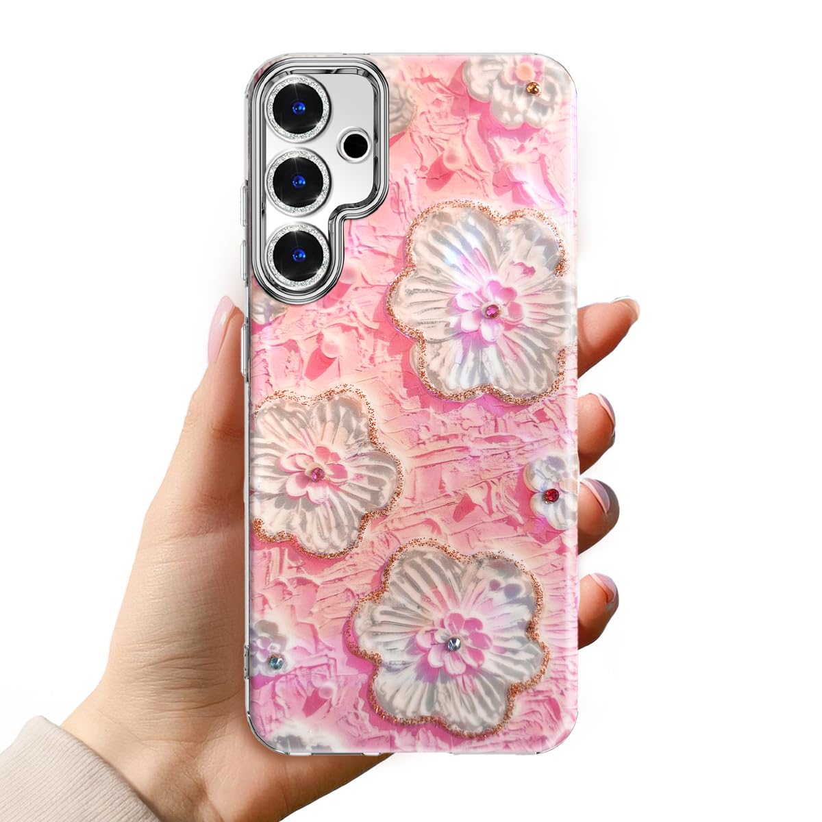 جراب هاتف T Tersely Oil Painting Flowers - غطاء أكريليك بحواف لامعة مع حماية من الصدمات، تصميم فني أنيق للنساء (وردي فاتح، Samsung Galaxy S25 Plus)