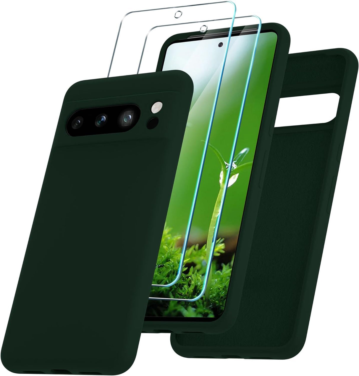 AWH Google Pixel 8 Pro Case - Silicone Phone Case with 2 Screen Protector - Soft Anti-Scratch Microfiber Lining - Full Body Shockproof Slim Cover Support Wireless Charging (Dark Green)