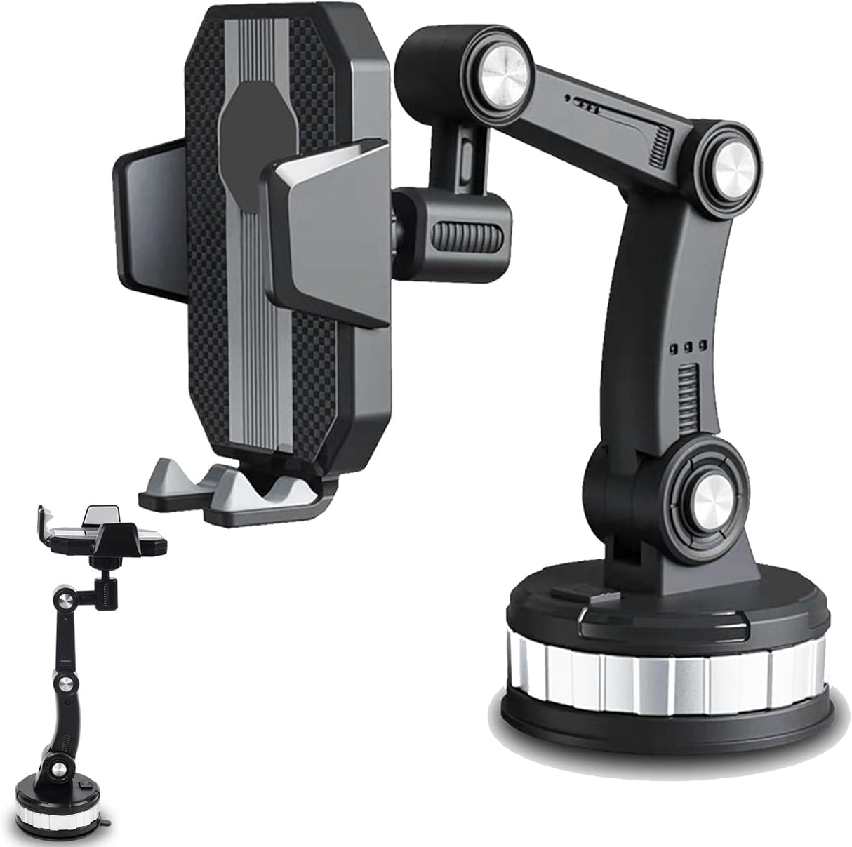 Universal Car Phone Holder – 360° Rotating Suction Cup Mount with Stable Absorption, Long Arm Retractable Stand (Black)