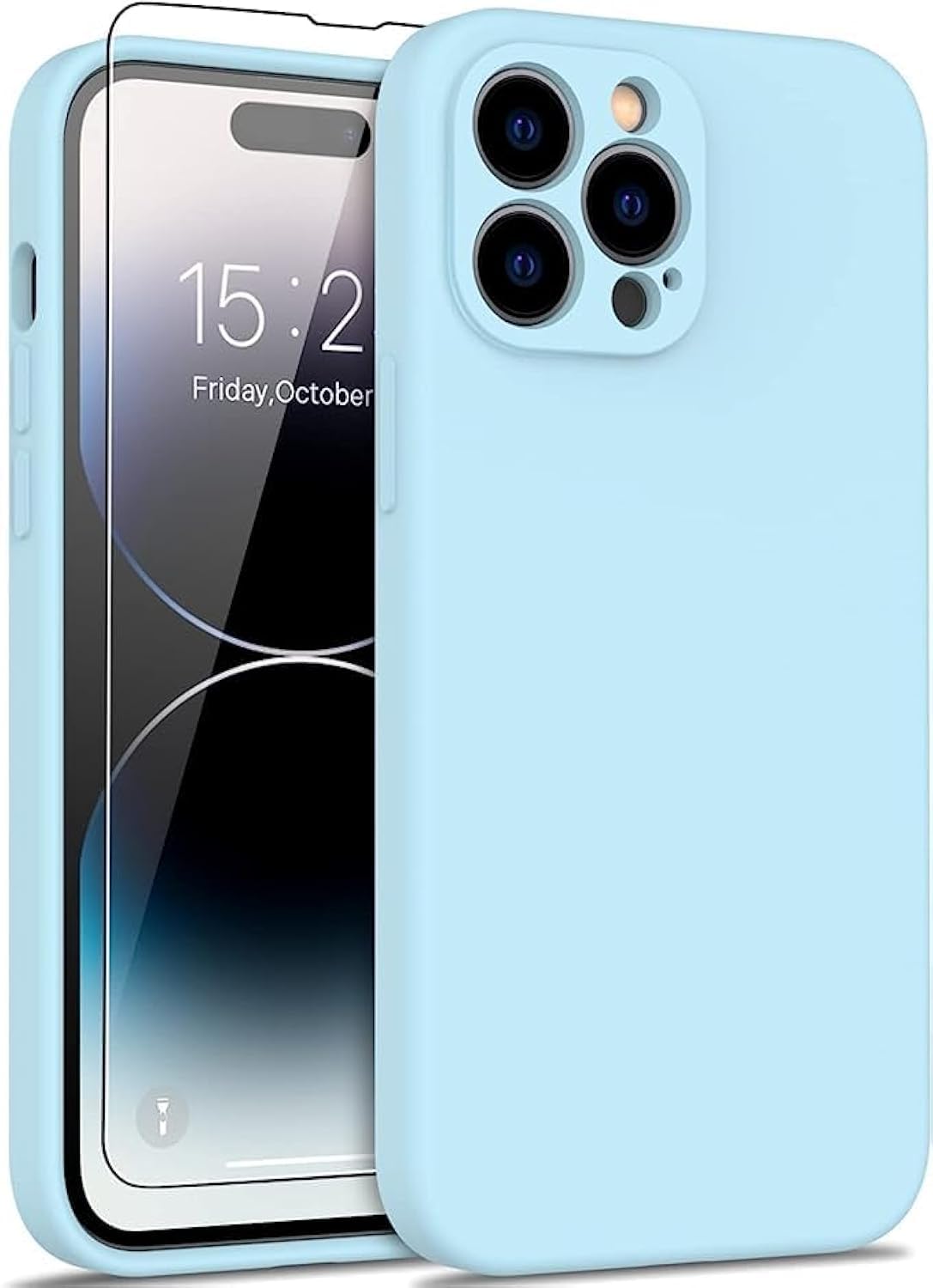 AWH iPhone 14 Pro Max Max Case with Screen Protector - Enhanced Camera Cover, 16ft Drop Tested Soft Silicone Gel Rubber, Slim Fit Protective Phone Case for iPhone 14 Pro Max Max 6.7" (Sky Blue)