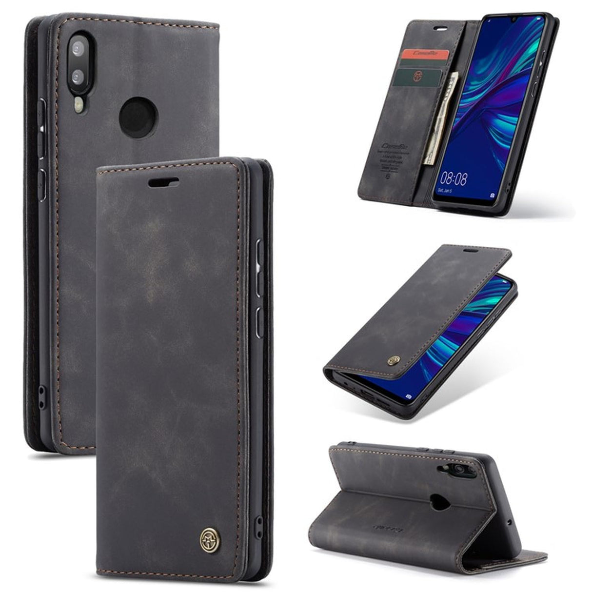 جراب محفظة من الجلد الصناعي من UniqCase مزود بحامل وممتص تلقائيًا لهاتف Huawei P Smart (2019) / Nova Lite 3 (اليابان) - أسود