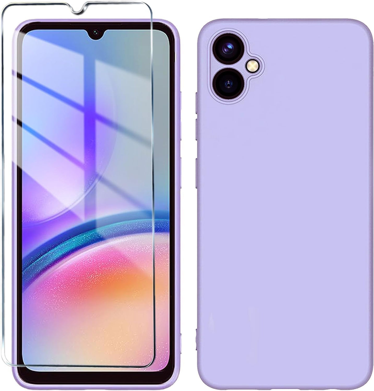 جراب AWH A05 مع واقي شاشة من الزجاج المقوى - جراب حماية كامل من السيليكون السائل الناعم الرفيع، مبطن بألياف ناعمة لهاتف Galaxy A05 (أرجواني)