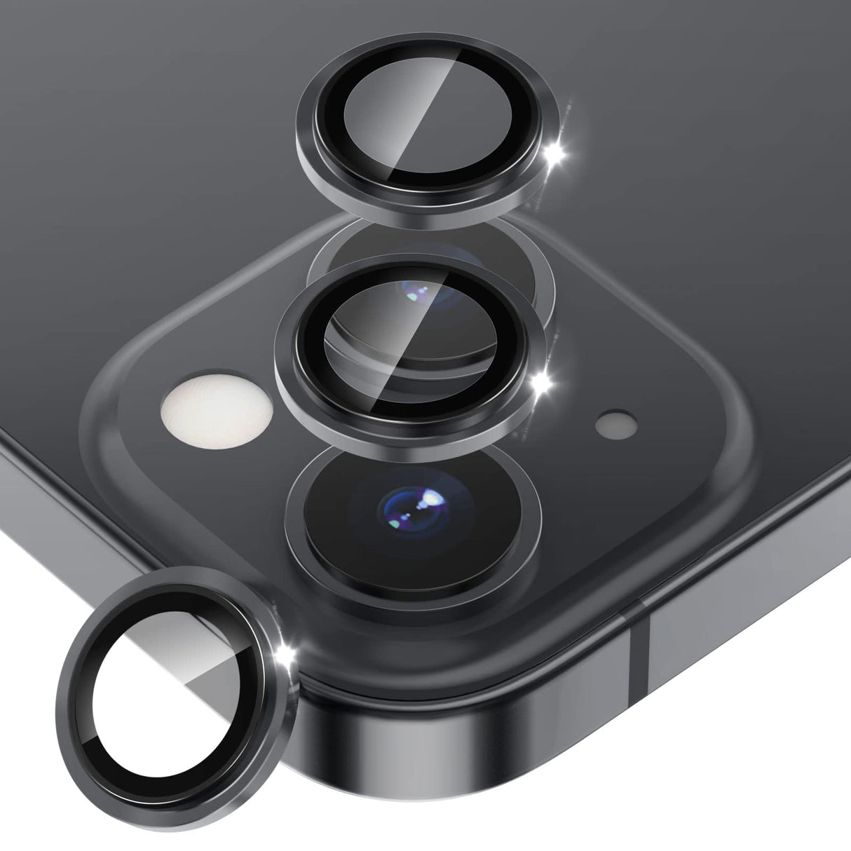 واقي عدسة الكاميرا من AWH لهاتف iPhone 13 6.1 بوصة / 13 Mini 5.4 بوصة، حلقة حماية من سبائك الألومنيوم الأصلية لعدسة الهاتف، غطاء لاصق لشاشة الكاميرا الخلفية من الزجاج المقوى، (أسود)