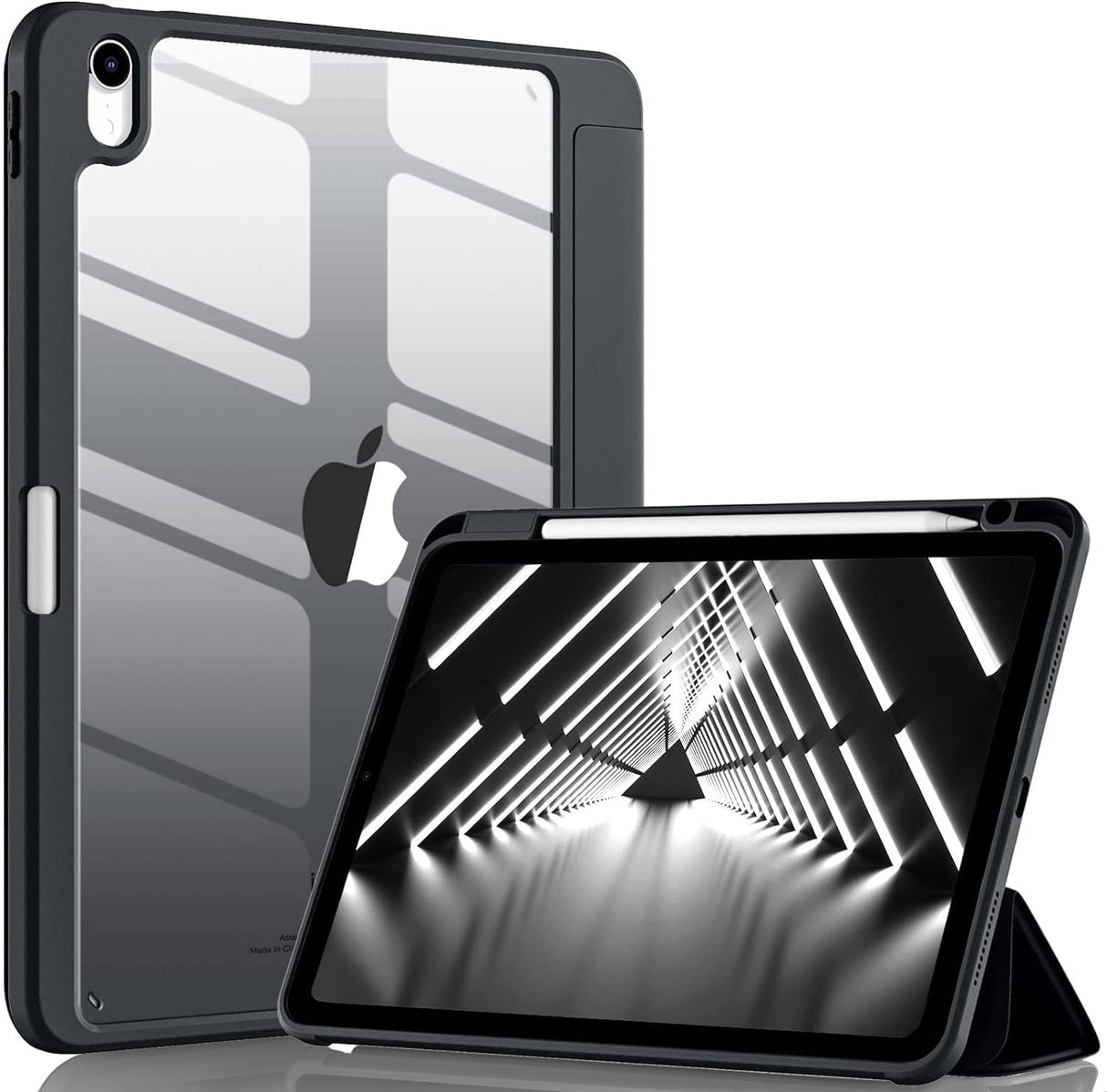 AWH Case Compatible with iPad Air 5th Generation (2022) - iPad Air 4th Generation (2020) 10.9 Inch with Pencil Holder - for iPad Air 5/4 Case, Slim Smart Cover with Clear Back Shell (Black)