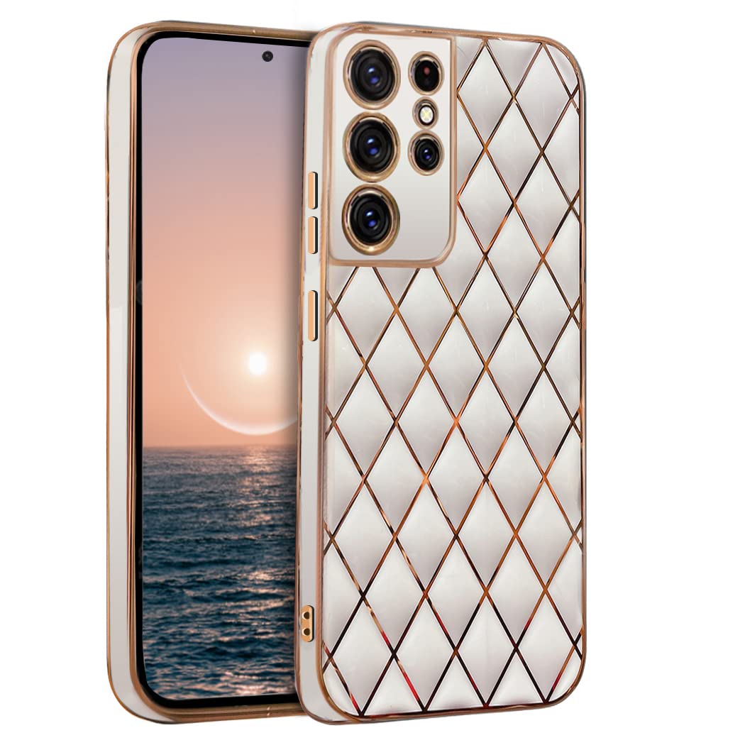 XLHLKP Case for Samsung Galaxy S21 Ultra Case, Samsung S21 Ultra Case 5G,Leather Quality with Full Metal Lens Back Design Back Slim Case for Samsung S21 Ultra in 6.8 inch (White TPU)