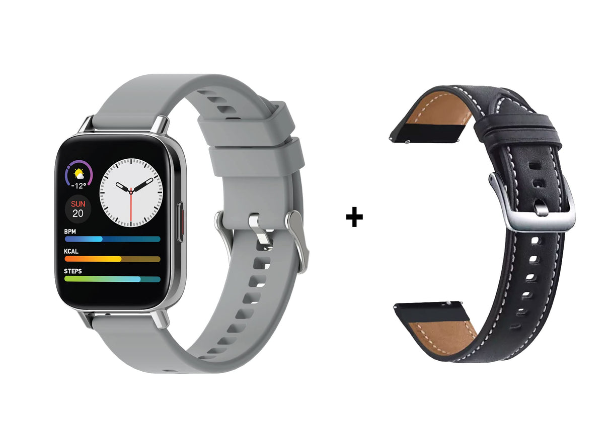 ساعة ذكية Xcell G3 Talk، مراقبة معدل ضربات القلب ومستوى الأكسجين طوال اليوم، مقاومة للماء IP67، مع واجهة عربية - إطار فضي مع حزام سيليكون (GPS، 43 مم) + حزام جلدي مجاني