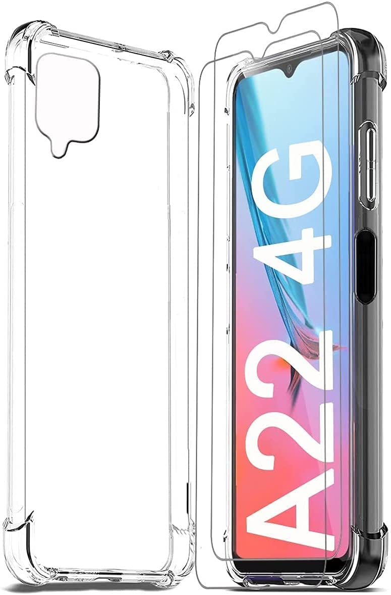 غطاء حماية شفاف من AWH لهاتف Galaxy A22 4G مع قطعتين من واقي الشاشة الزجاجي المقوى، وتغطية كاملة للشاشة من الحافة إلى الحافة لهاتف Samsung Galaxy A22 4G.