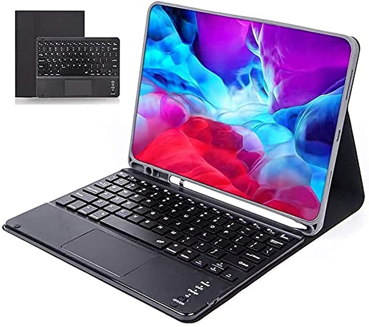 حافظة AWH الأحدث لجهاز iPad الجيل التاسع (2021)/الجيل السابع/الثامن مقاس 10.2 بوصة مع لوحة مفاتيح تعمل باللمس، غطاء فوليو رفيع، لوحة مفاتيح بلوتوث قابلة للإزالة والفصل مع حامل قلم رصاص لجهاز iPad مقاس 10.2 بوصة (أسود)