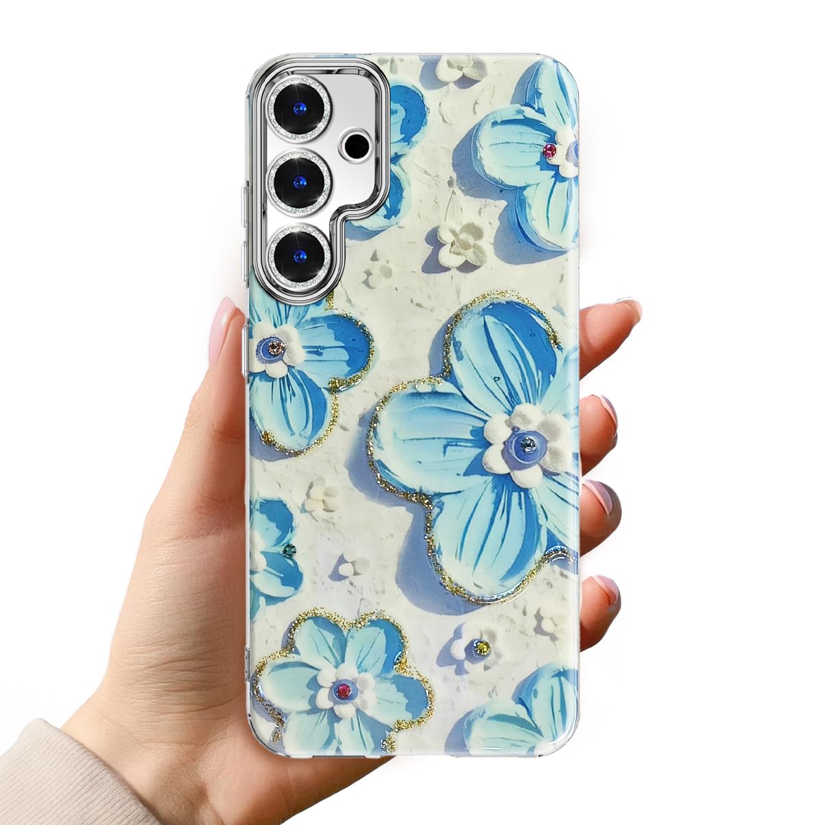جراب هاتف T Tersely Oil Painting Flowers - غطاء أكريليك بحواف لامعة مع حماية من الصدمات، تصميم فني أنيق للنساء (أزرق، Samsung Galaxy S24 Plus)