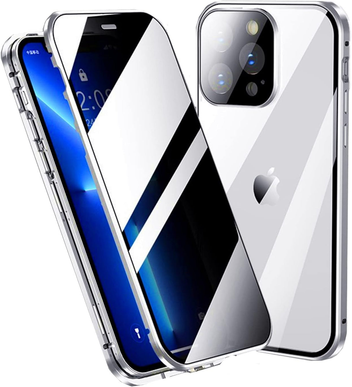 جراب AWH المضاد للتجسس لهاتف iPhone 14 Pro Max - إطار معدني مع قفل وامتصاص مغناطيسي ومضاد للتجسس 360 درجة كامل الجسم مع غطاء زجاجي مزدوج الجوانب لحماية عدسة الكاميرا (فضي)