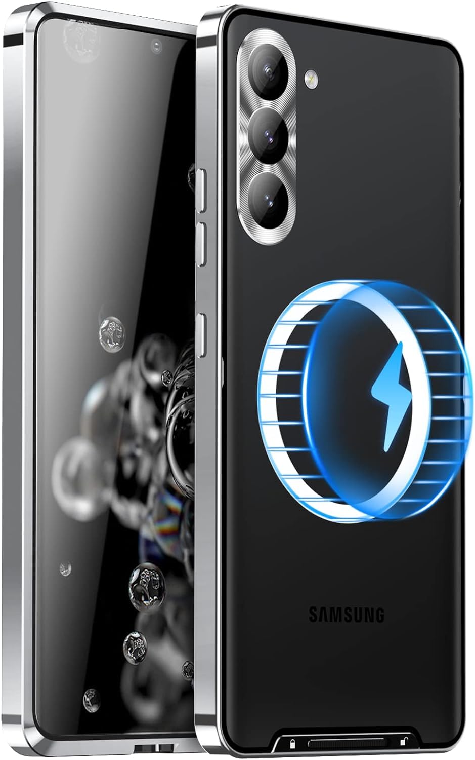 جراب معدني AWH لهاتف Samsung S23 Plus 5G - متوافق مع شاحن Ma-g-Safe اللاسلكي - ظهر شفاف غير لامع مع حماية عدسة الكاميرا، غطاء مغناطيسي لهاتف Galaxy S23 Plus (فضي)