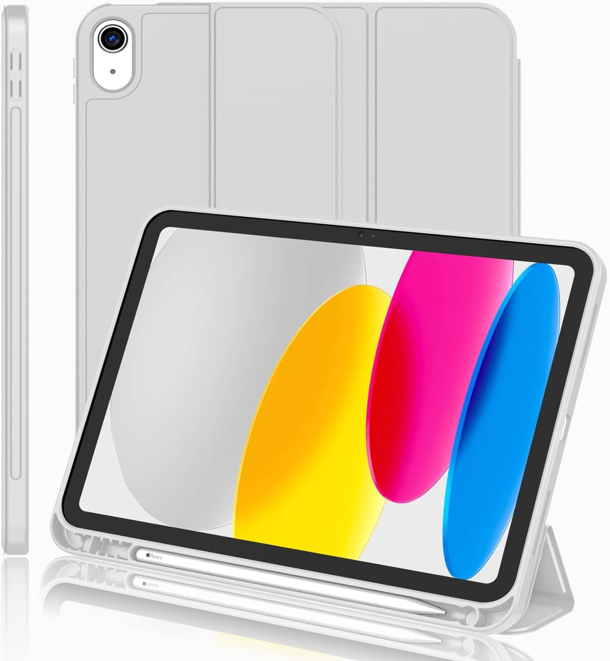 Zubitech iPad A16 11th Generation 11 inch 2025 / iPad 10th Generation 10.9 inch 2022 Case Cover with Pencil Holder, Trifold Stand with TPU Back Shockproof Case, Auto wake/Sleep (Light Gray)