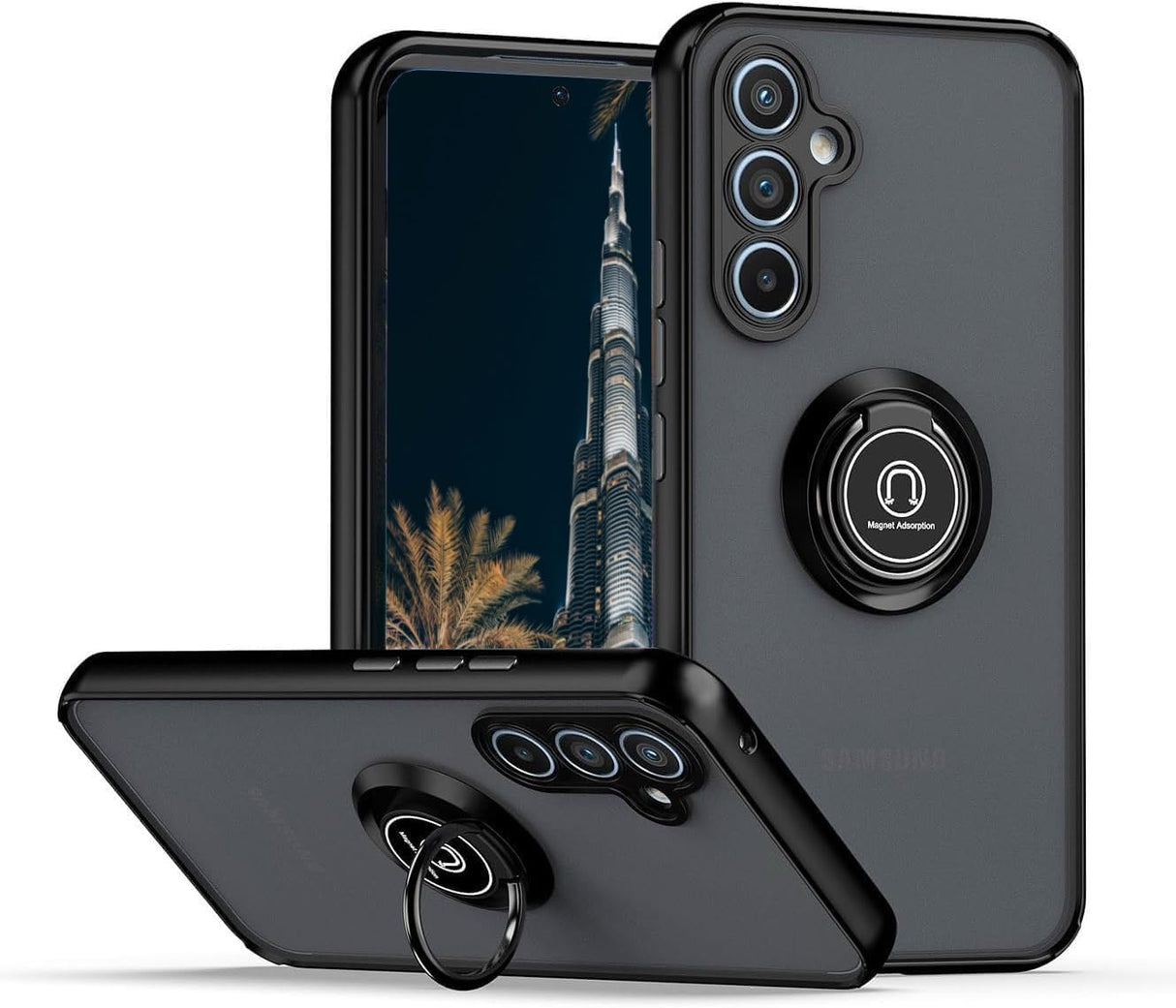 جراب TR-PLANET بحلقة معدنية دوارة لهاتف Samsung Galaxy S25 Plus - غطاء غير لامع ممتص للصدمات مع مسند، مضاد لبصمات الأصابع، متوافق مع حامل السيارة المغناطيسي، جراب خلفي صلب لهاتف S25 Plus، أسود/رمادي