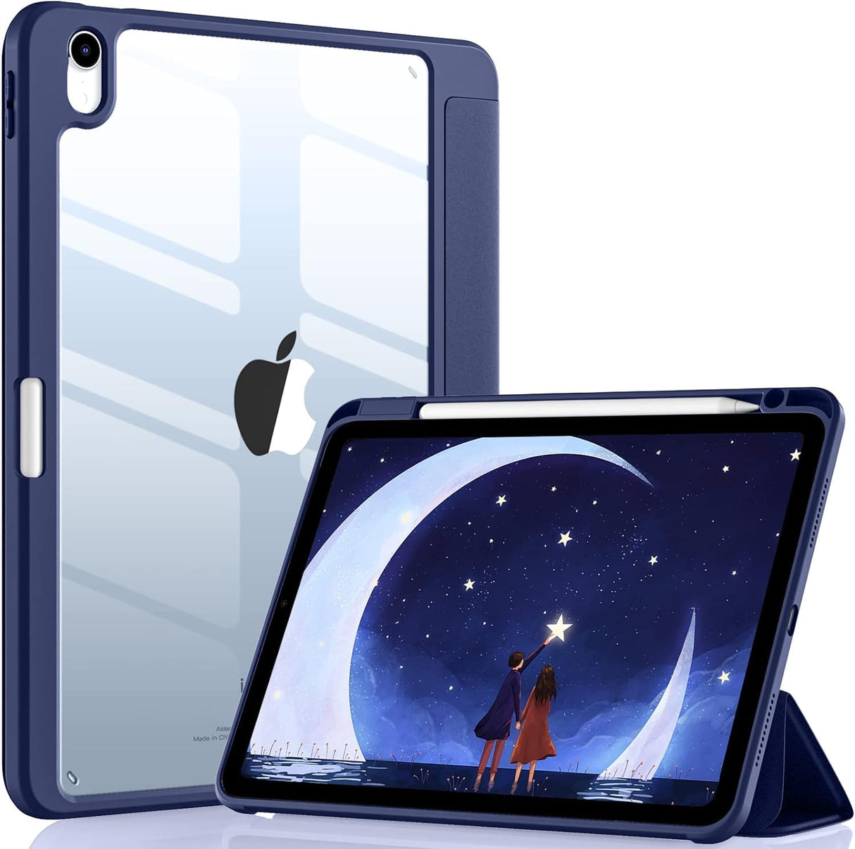 AWH Case Compatible with iPad Air 5th Generation (2022) - iPad Air 4th Generation (2020) 10.9 Inch with Pencil Holder - for iPad Air 5/4 Case, Slim Smart Cover with Clear Back Shell (Navy Blue)