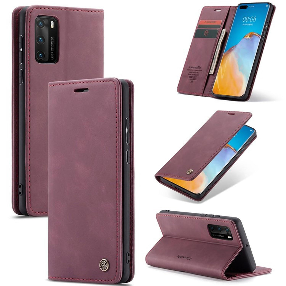 UniqCase لهاتف Huawei P40 جراب هاتف مغناطيسي من جلد البولي يوريثان + حامل محفظة من مادة TPU - أحمر