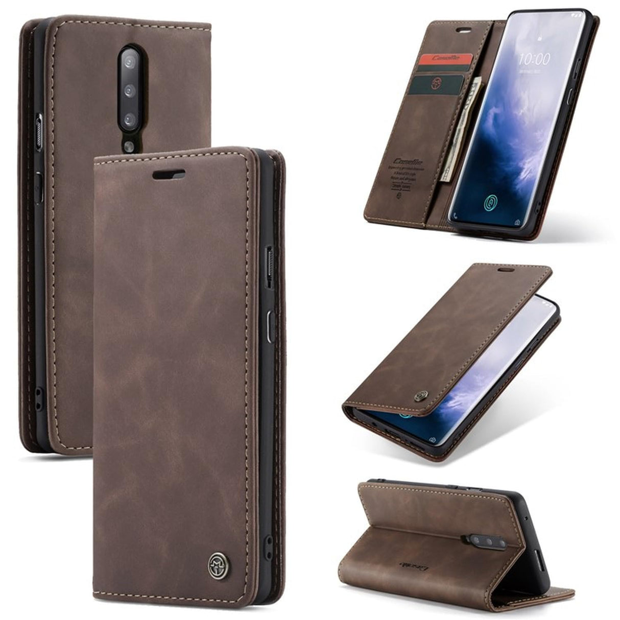 غطاء هاتف من الجلد الصناعي من UniqCase لهاتف OnePlus 7 Pro، مزود بمحفظة وامتصاص تلقائي، لون بني