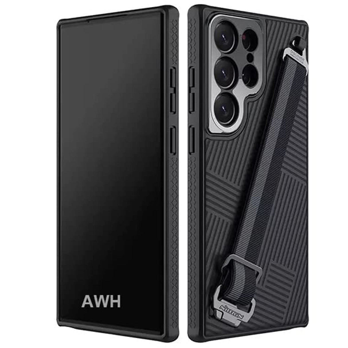 جراب حماية AWH Nillkin مع حزام حبل متعدد الاستخدامات ثلاثي الأبعاد لهاتف Samsung Galaxy S23 Ultra، واقي إطار عدسة معدني، حماية كاملة 360 درجة، زوايا وسادة هوائية مضادة للسقوط، رياضي، تصميم عملي (أسود)
