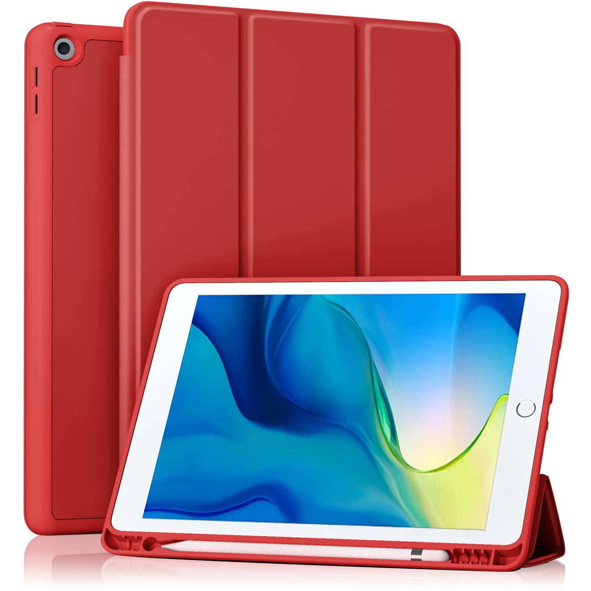 Akkerds Case Compatible with iPad 10.2 Inch 2021/2020 iPad 9th/8th Generation & 2019 iPad 7th Generation with Pencil Holder, Protective Case with Soft TPU Back, Auto Sleep/Wake Cover, Red