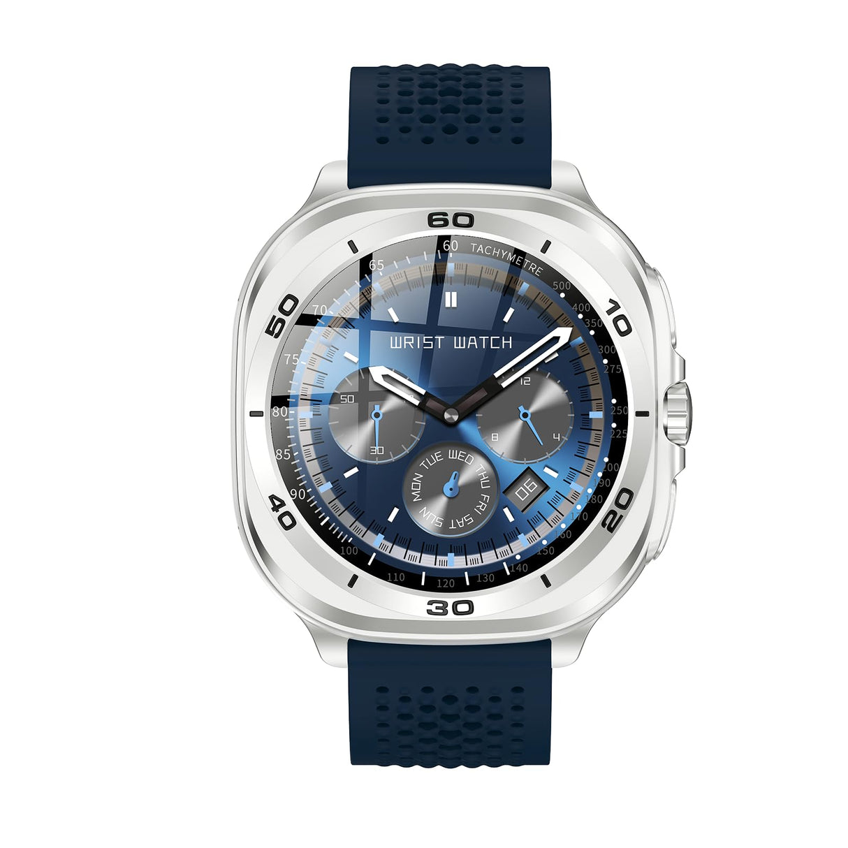 ساعة سويس ميليتري الذكية DOM7، شاشة AMOLED مقاس 1.43 بوصة، تدعم مكالمات بلوتوث، متعددة اللغات، تتبع الصحة والرياضة، شحن لاسلكي، بطارية تدوم 7 أيام، مقاومة للماء IP67، متوافقة مع iOS/Android، إطار فضي مع حزام أزرق