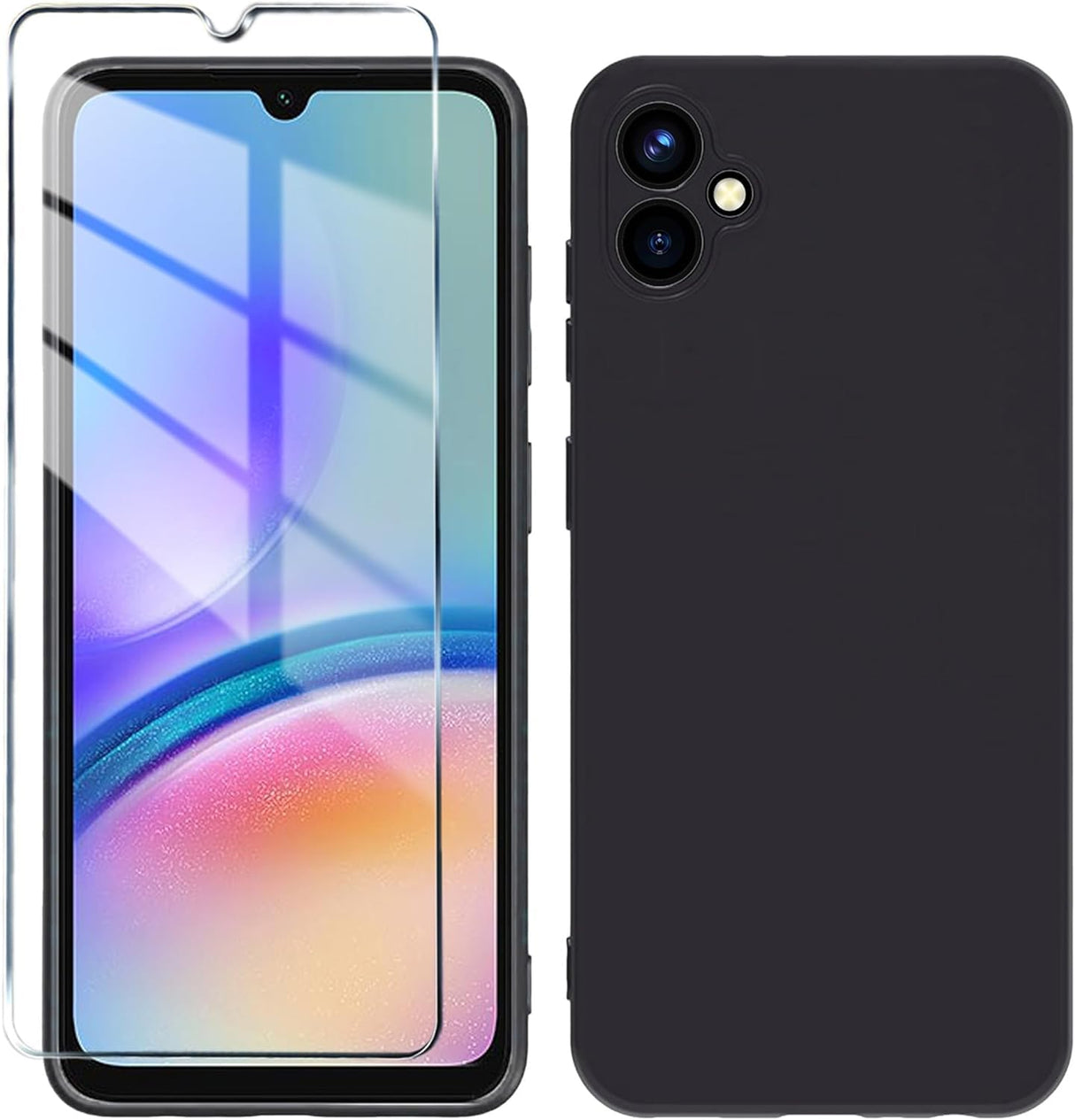 جراب AWH A05 مع واقي شاشة من الزجاج المقوى - جراب رفيع ناعم من السيليكون السائل مغطى بالكامل بغطاء واقٍ للكاميرا، وبطانة من الألياف الناعمة لهاتف Galaxy A05 (أسود)