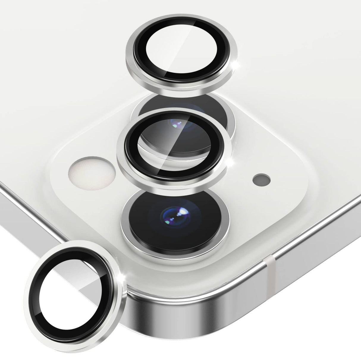 واقي عدسة الكاميرا من AWH لهاتف iPhone 13 6.1 بوصة / 13 Mini 5.4 بوصة، حلقة حماية من سبائك الألومنيوم الأصلية لعدسة الهاتف، غطاء لاصق لشاشة الكاميرا الخلفية من الزجاج المقوى، (فضي)