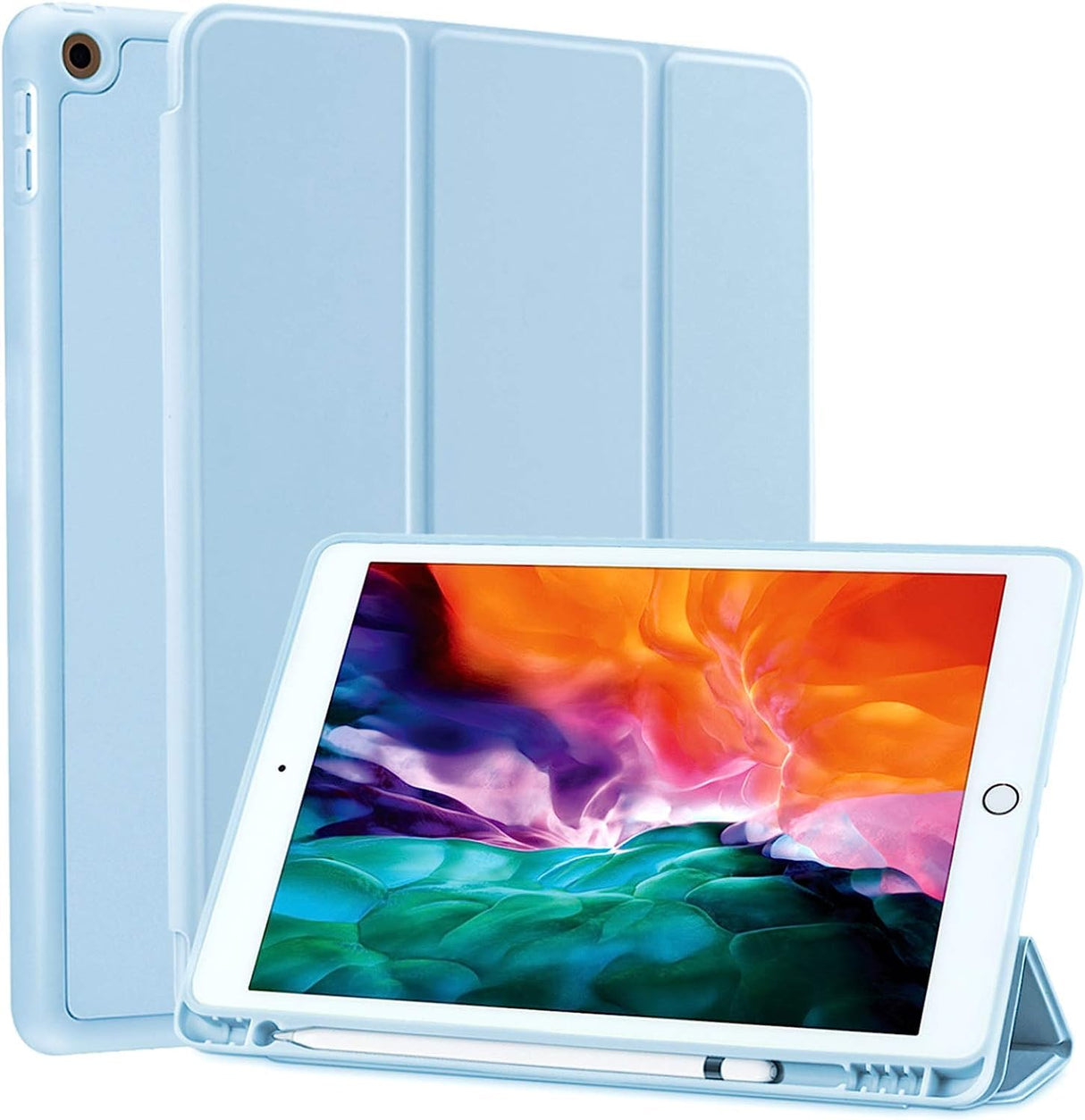 AWH Compatible for iPad 10.2 - inch 9th/8th/7th Generation Case(2021/2020/2019) with Pencil Holder, Slim Soft TPU Smart Trifold Stand Protective Full Body Cover, Auto Sleep/Wake - Light Blue