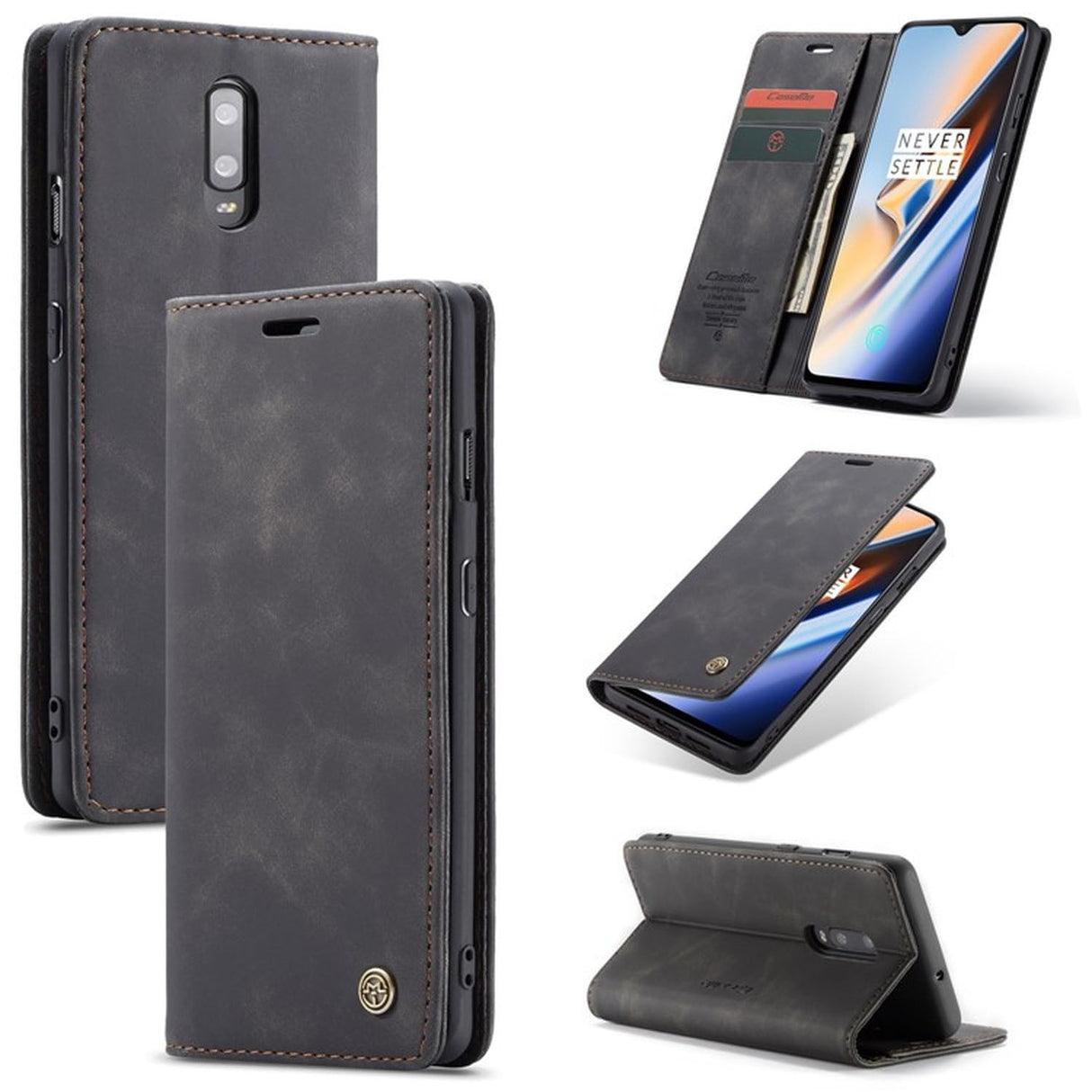 UniqCase Auto-absorbed Leather Flip Wallet Case For OnePlus 7 - Black
