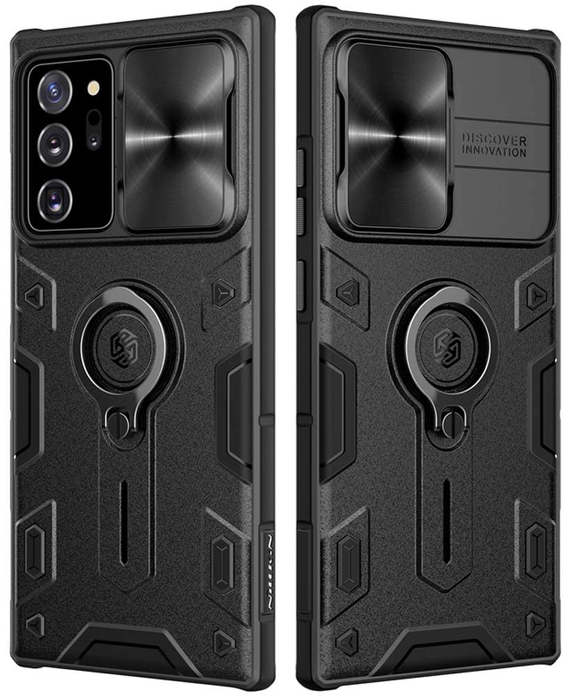 جراب AWH Galaxy Note 20 Ultra مع حامل حلقي وغطاء عدسة الكاميرا، غطاء CamShield Armor الواقي الهجين المقاوم للصدمات من البولي كربونات والبولي يوريثين الحراري لهاتف Samsung Galaxy Note 20 Ultra باللون الأسود.