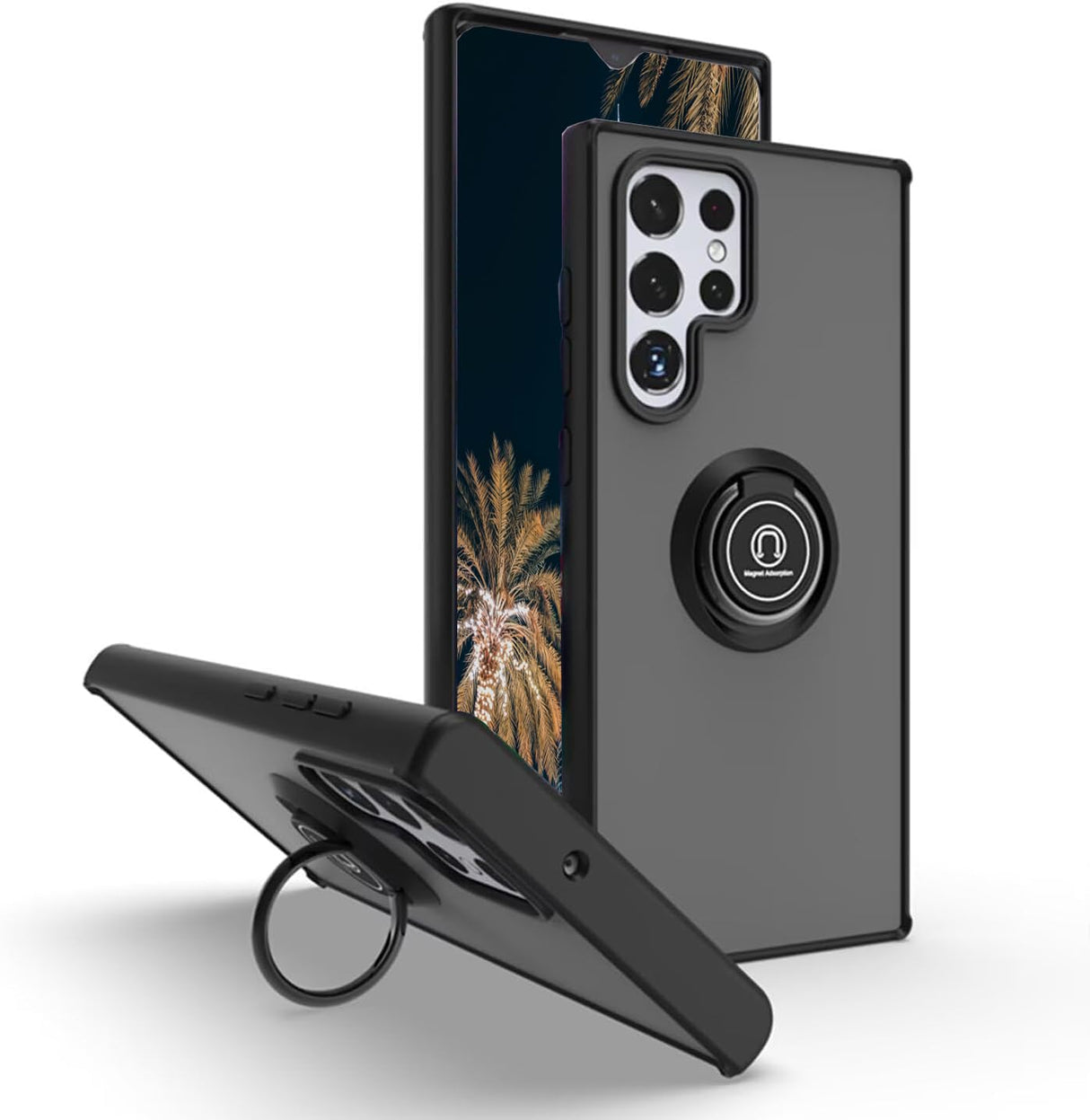 جراب TR-PLANET بحلقة معدنية دوارة لهاتف Samsung Galaxy S25 Ultra - غطاء ممتص للصدمات غير لامع مع مسند، مضاد لبصمات الأصابع، متوافق مع حامل السيارة المغناطيسي، غطاء خلفي صلب لهاتف S25 Ultra، أسود/رمادي