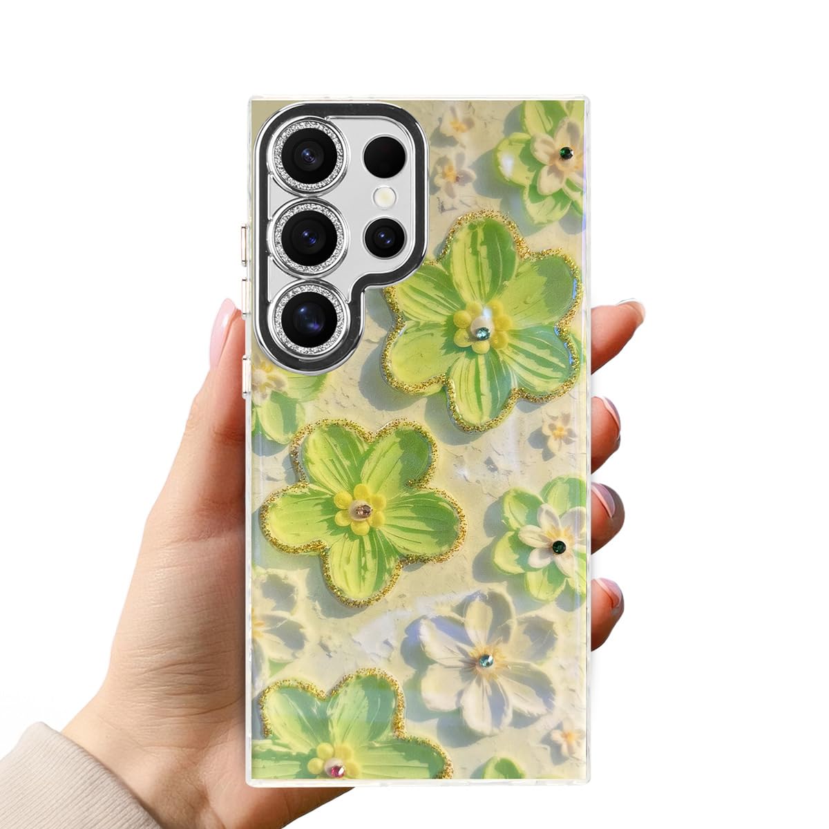 جراب هاتف T Tersely Oil Painting Flowers - غطاء أكريليك بحواف لامعة مع حماية من الصدمات، تصميم فني أنيق للنساء (أخضر، Samsung Galaxy S24 Ultra)