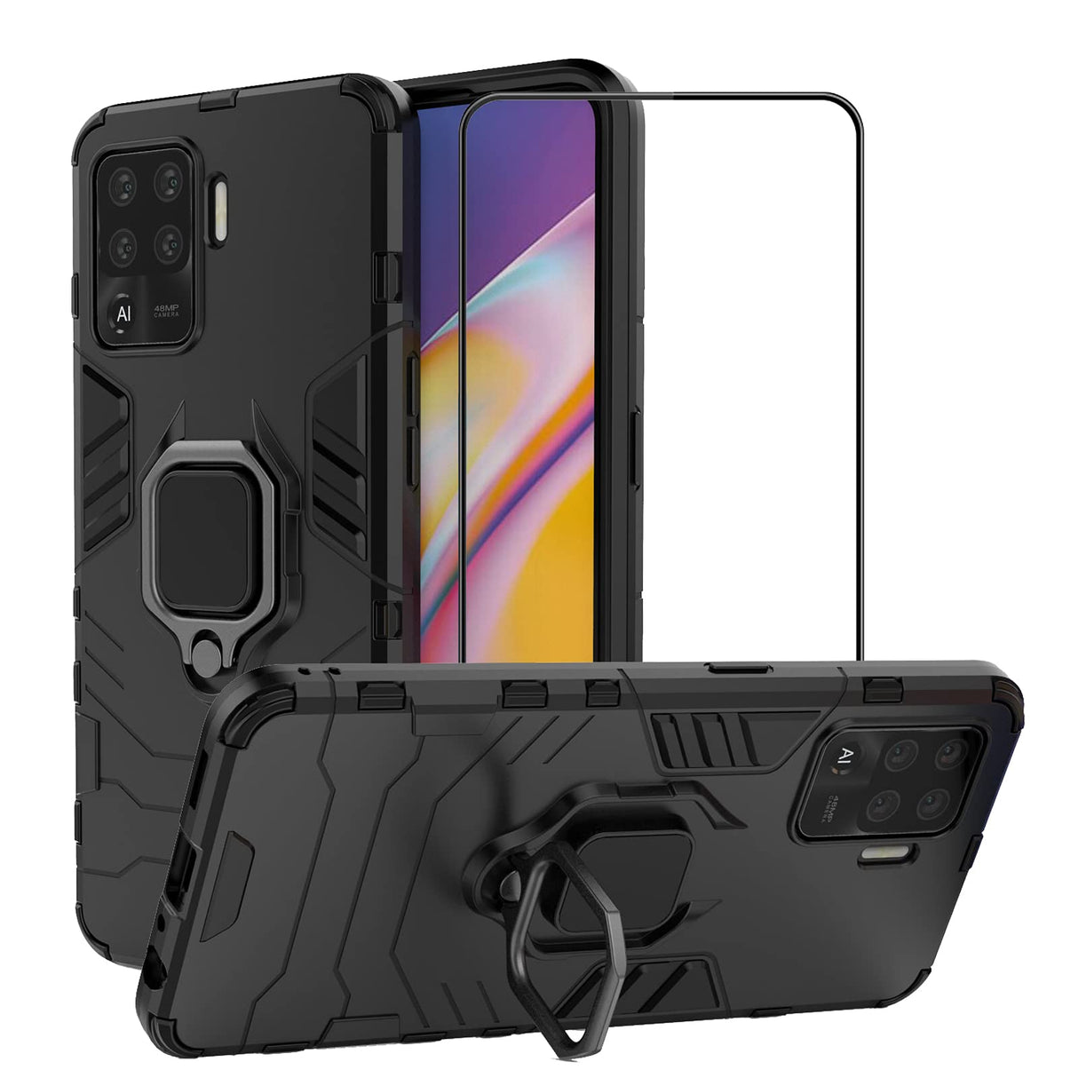 2ndSpring Case for OPPO A94 4G/Reno 5 Lite/F19 PRO with Tempered Glass Screen Protector,Hybrid Heavy Duty Protection Shockproof Defender Kickstand Armor Cover,Black