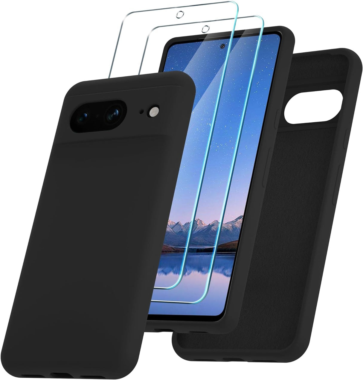 جراب AWH لهاتف Google Pixel 8 - جراب هاتف من السيليكون مع واقي شاشة - بطانة ناعمة من الألياف الدقيقة مضادة للخدش - غطاء نحيف كامل الجسم مقاوم للصدمات يدعم الشحن اللاسلكي (أسود)