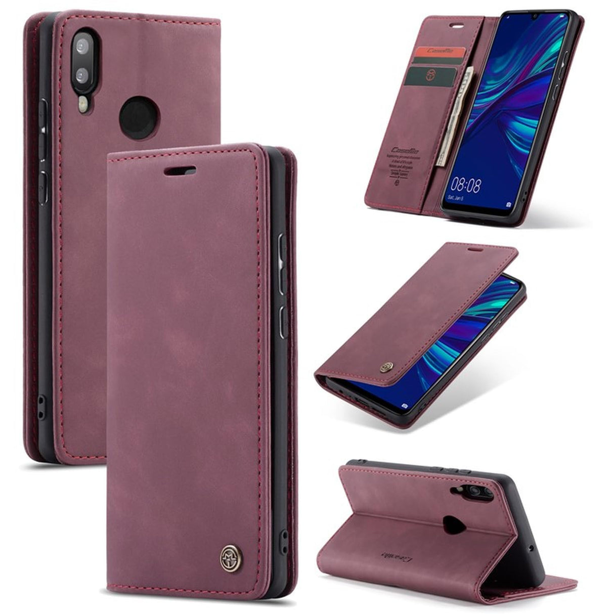جراب محفظة من الجلد الصناعي من UniqCase مزود بحامل وممتص تلقائيًا لهاتف Huawei P Smart (2019) / Nova Lite 3 (اليابان) - أحمر