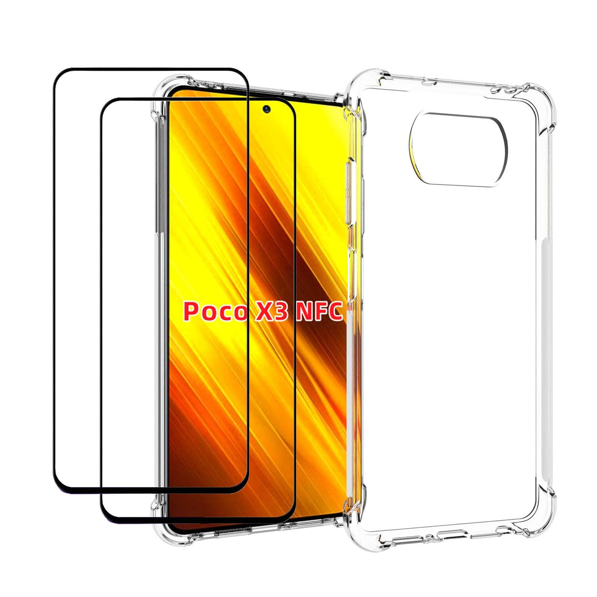 جراب AWH لهاتف Xiaomi Poco X3 Pro/Poco X3 NFC/Poco X3 مع زجاج مقسّى (قطعتين) نحيف ممتص للصدمات مصنوع من مادة TPU بحافة ناعمة مع زوايا معززة وغطاء واقٍ شفاف