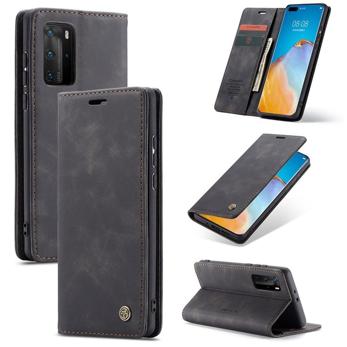 UniqCase لهاتف Huawei P40 Pro غطاء محفظة من جلد البولي يوريثان قابل للطي - أسود