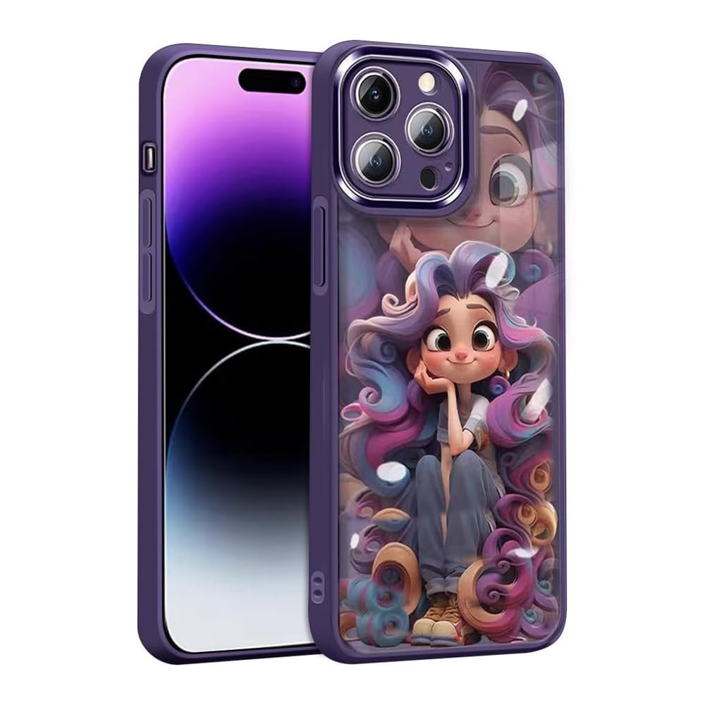 جراب أميرتير ثلاثي الأبعاد بتصميم دمية باربي لهاتف آيفون 15 برو - غطاء كرتوني بنفسجي لطيف بحافة مموجة وسوار | هدية أنيقة للبنات، حماية متينة وفريدة للهاتف