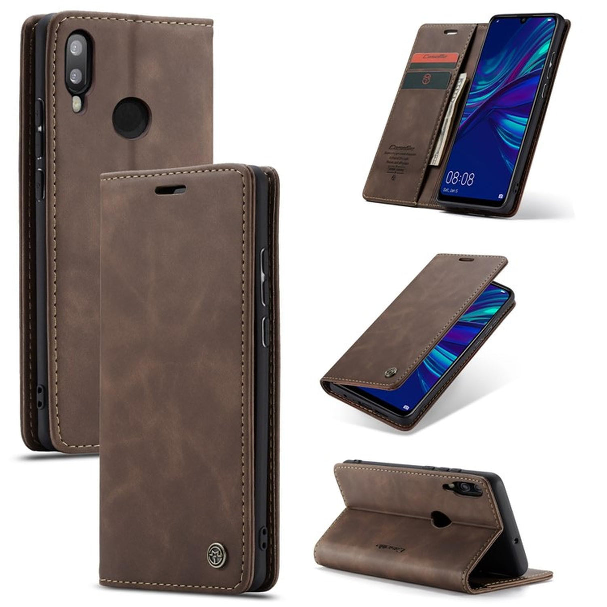 جراب محفظة من الجلد الصناعي من UniqCase، قابل للامتصاص تلقائيًا، لهاتف Huawei P Smart (2019) / Nova Lite 3 (اليابان) - لون القهوة