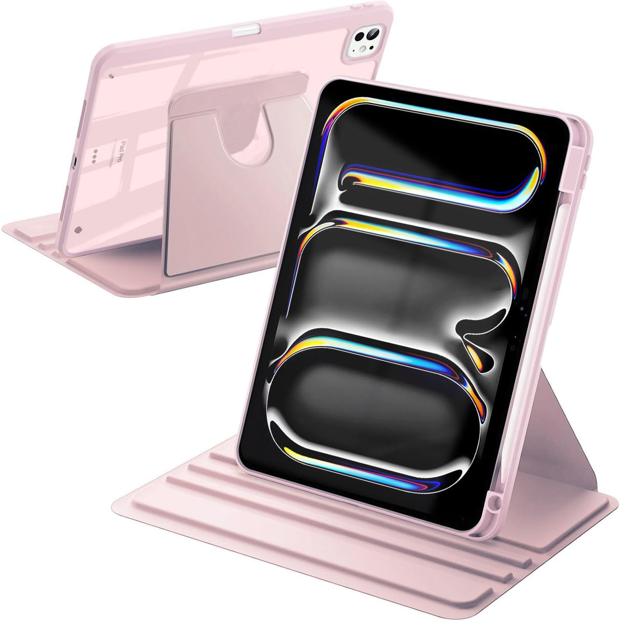 حافظة دوارة من A-BEAUTY متوافقة مع جهاز iPad Pro 11 2024 M4 الجيل الخامس، مع حامل قلم، وغطاء واقٍ مقاوم للصدمات بظهر شفاف، وخاصية الإيقاظ/السكون التلقائي، لون وردي