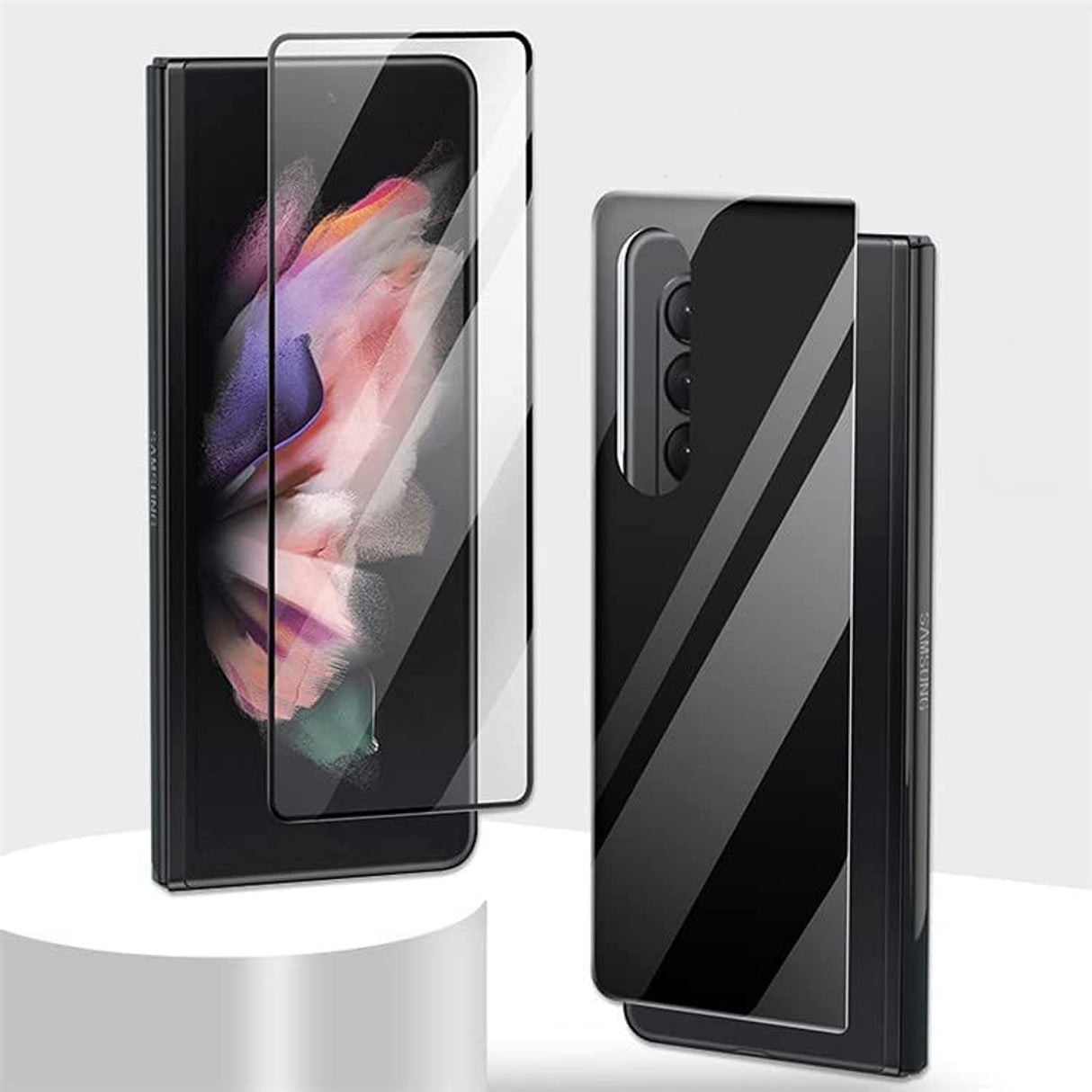 واقي شاشة AWH مصمم لهاتف Samsung Galaxy Z Fold 3 5G، تغطية كاملة من الحافة إلى الحافة، شاشة عالية الدقة، خالية من الفقاعات (قطعة واحدة أمامية + قطعة واحدة خلفية) غراء كامل (أسود).