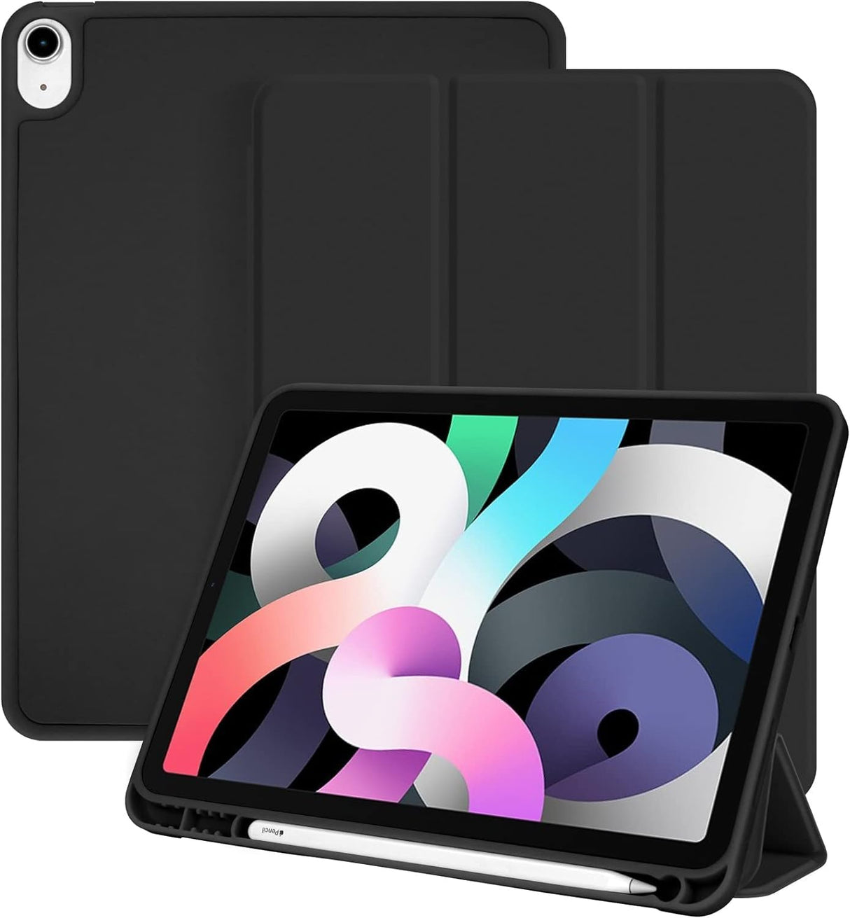 AWH iPad Air 5/4 Case - iPad Air 5th/4th Generation Case for 10.9 Inch 2022/2020 Model - Auto Wake/Sleep Cover, Protective Cover with Pencil Holder, Slim Soft TPU Back Smart Trifold Stand - BLACK