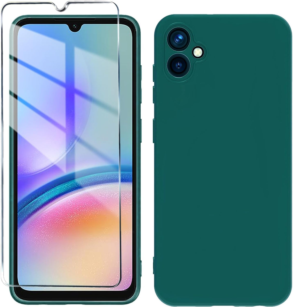 جراب AWH A05 مع واقي شاشة من الزجاج المقوى - جراب حماية كامل من السيليكون السائل الناعم النحيف، مبطن بألياف ناعمة لهاتف Galaxy A05 (أخضر)