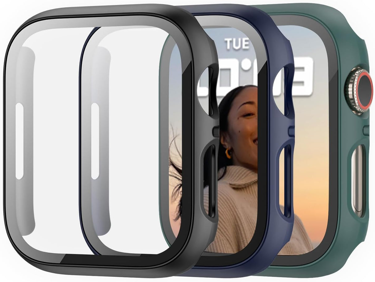 جراب واقي شاشة AWH متوافق مع سلسلة ساعات 9/8 وسلسلة 7 مقاس 41 مم - غطاء حماية كامل من البولي كربونات شامل ومتين لملحقات iWatch 8/7 مقاس 41 مم - عبوة من 3 قطع (أسود/أزرق داكن/أخضر)