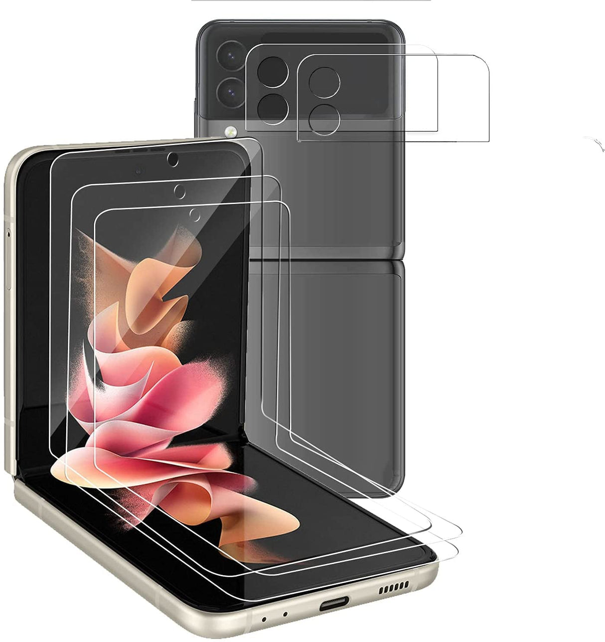 مجموعة AWH من 3 قطع من واقي الشاشة الأمامي، مجموعة من قطعتين من واقي العدسة، واقي الكاميرا، متوافق مع Samsung Galaxy Z Flip 3 5G 2021.